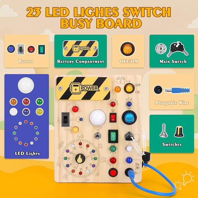 Montessori Toys Clock Wooden Busy Board with 11 LED Light switches, Tooddler Sensory Travel Toys for 1+ Year Old Baby and Toddler