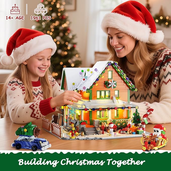 Advent Calendar 2025 Christmas House Mini Building Set with Light, 24 Days Countdown Snow Village Building Block Kit with Santa Claus Sleigh, Holiday Building Toy Gift for Adults Boys Girls 14+
