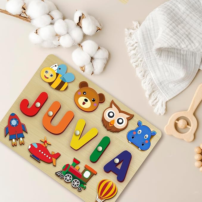 Custom Name Puzzles for Toddlers 1-3 - Name Puzzle for Kids, Personalized Wooden Animal Puzzle, Baby Gifts, Baby Shower, Christmas, Newbaby Gift, Gifts for 1 2 3 Years Old (Animals-03)