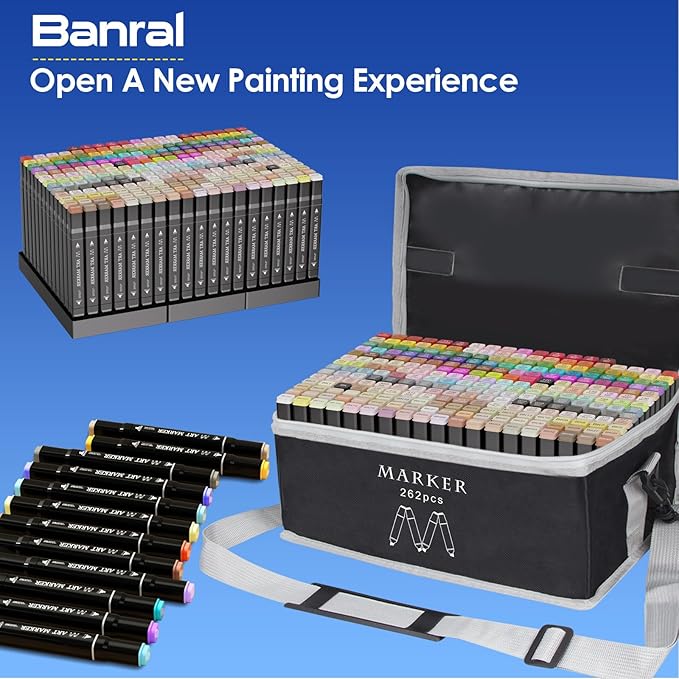 Banral 262 Colors Alcohol Markers Set, Dual Tip Alcohol Based Art Marker for Artists Kids Adult Coloring, Permanent Illustration Sketch Pens for Drawing with Case and Holders