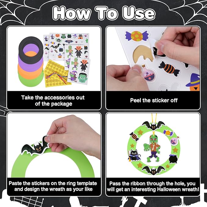 Fennoral 8 Pack Halloween Wreath Craft Kit for Kids Make You Own Halloween Wreath Foam Sticker DIY Halloween Arts and Crafts for Girls Boys Party Activities Art Ornament Halloween Decoration Supplies