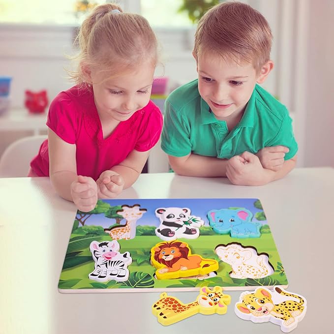 Wooden Peg Puzzle for Toddlers 1-3 Year Old,Funsland Puzzles Gifts Colorful Toys Cartoon Gifts,Zoo Animals Puzzles