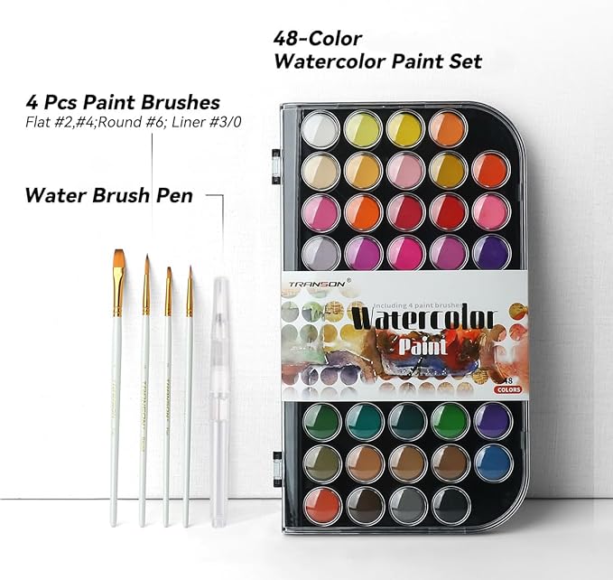 TRANSON 48 Colors Watercolor Paint Set with 4pcs Paint Brushes and 1pcs Water Brush Pen for Adults, Students, Beginners and Artists