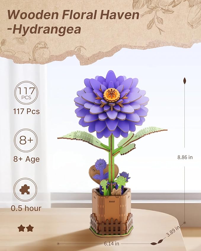 Welsky 3D Dahlia Wooden Puzzles for Adults, DIY Wooden Flower Craft Kit, Artificial Flowers Model Kit to Assemble for Adults.(6.14 * 3.9 * 8.86in 117PCS)