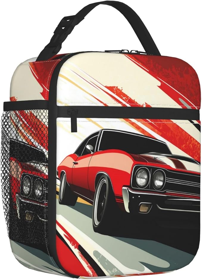 Muscle Car Lunch Bag for Women Men Adults, Insulated Lunch Box for Work, Sports, Travel, Picnic,Hiking, Fishing, Red Retro Classic Car Theme Lunchbox Gifts
