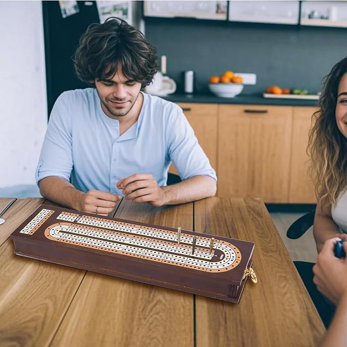 Wooden Cribbage Board Game Set,Traditional Cribbage Board Game,Solid Wood,3 Track Cribbage Board, 9 Metal Pegs,2 Decks of Playing Cards,Fun Table Game,Game Night, Travel (Manual Included)