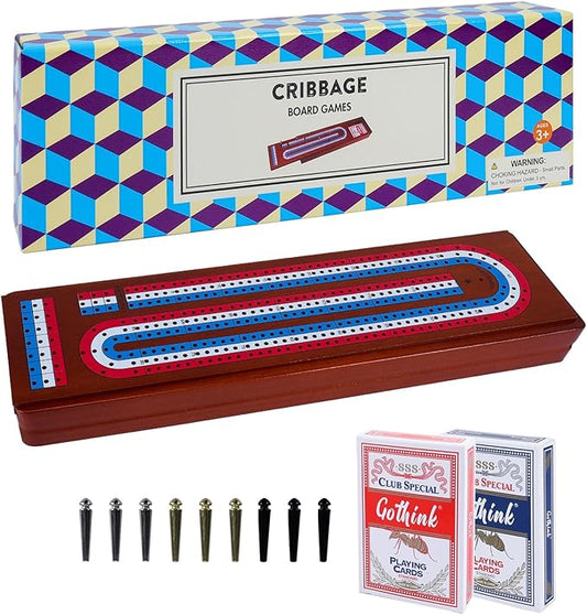 15 Inch Large Wooden Cribbage Board Game Set – 3-Track Scoreboard with Storage Slots for 2 Cards & 9 Metal Pegs – Portable Travel Table Game for Kids Adults & Family Night