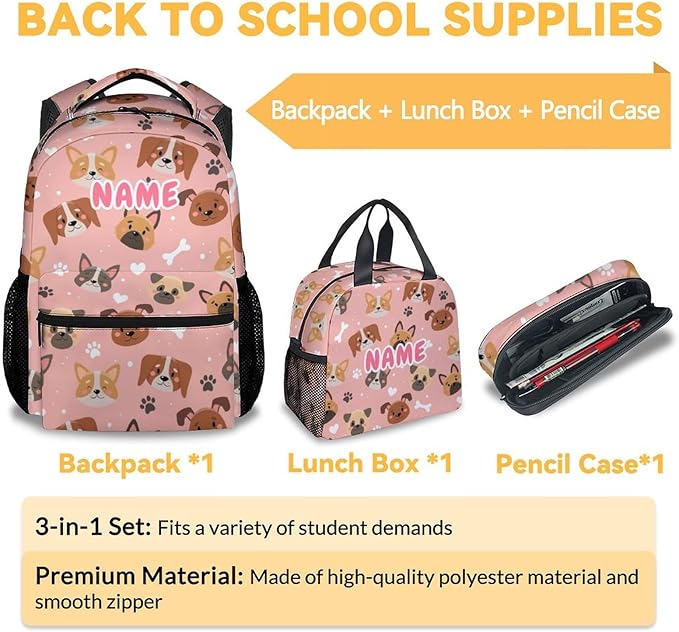 Custom Dog Backpack with Lunch Box, Set of 3 School Backpacks Matching Combo, Cute Pink Bookbag and Pencil Case Bundle