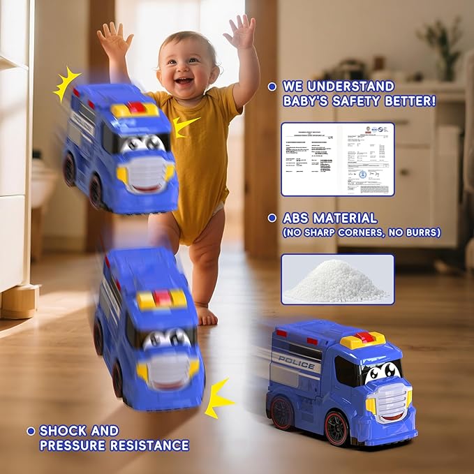 Remote Control Police Car Truck Toy Cars for Toddlers 1-3 with Sirens & Flashing Lights Cartoon RC Emergency Vehicle for Kids 3-5 Boys & Girls