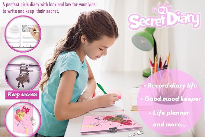 GINMLYDA Girls Diary with Lock for Kids, Pink Cute Diaries 7.1x5.3 160 Pages Girl Journal Secret Notebook with Lock and Key for Little Kid Writing Drawing Gift for Pre school Age 6,8,12