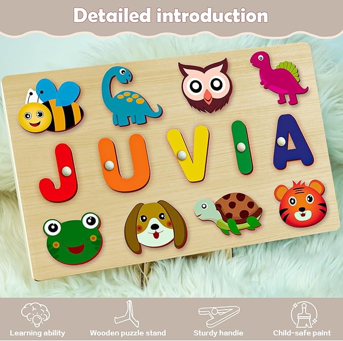Name Puzzle for Kids Personalized - Custom Name Puzzles for Toddlers 1-3, Customized Wooden Animal Puzzle, Baby Gifts, Baby Shower, Christmas, Newbaby Gift, Gifts for 0 1 2 3 Years Old