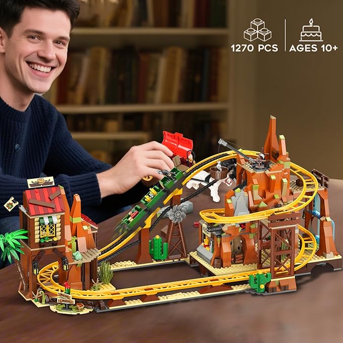 Western Roller Coaster Building Set, Rollercoaster Building Toy with Mine Train, Lifting Chain Drive, Carriage, 1270PCS Mining Coaster Model Playset Gift for Adults Teens Kids Boys Girls 10-12+