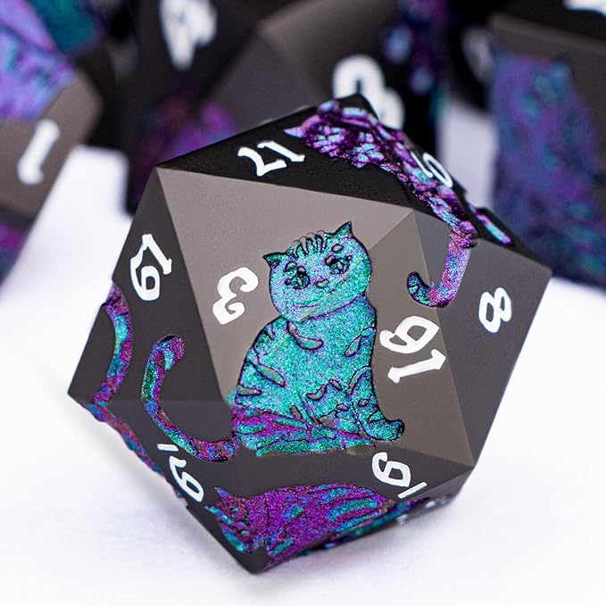 Metal DND Cat Dice 7PCS Polyhedral RPG Dice Set with Gift Case for Dungeons Dragons Role Playing Game, D and D Dice D6 D8 D10 D12 D20 D% (Purple Green)