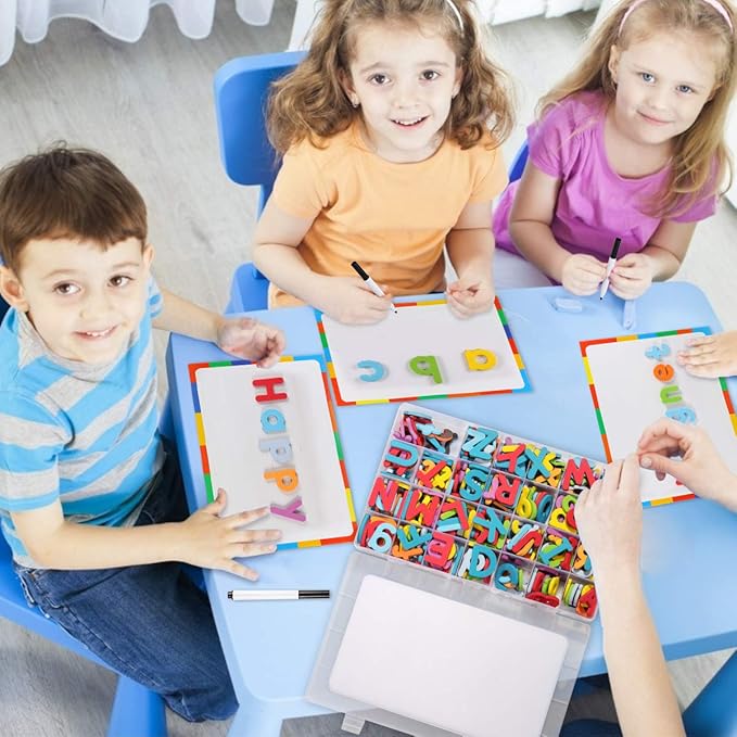 Magnetic Letters Kit, A-Z Foam Magnetic Letters, Alphabet Letters with Large Double-Side Magnet Board and Learning Cards, Educational Refrigerator Magnets for Preschool Learning Spelling (Colorful)