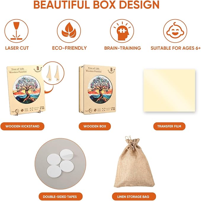 Wooden Puzzles for Adults 500 Pieces, Stained Glass Tree of Life Puzzle, Extra Thick 5MM Unique Shape Jigsaw Puzzles for Kids, Family Game, Birthday Gifts 16.5 * 16.5 Inches