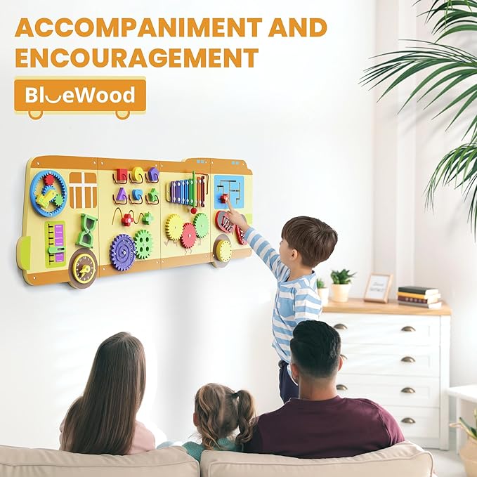 BlueWood School Bus Wall Busy Board Panels, Toddler Learning Activity Center, Montessori Philosophy Sensory, Educational Toys, Conducive to All-Round Development