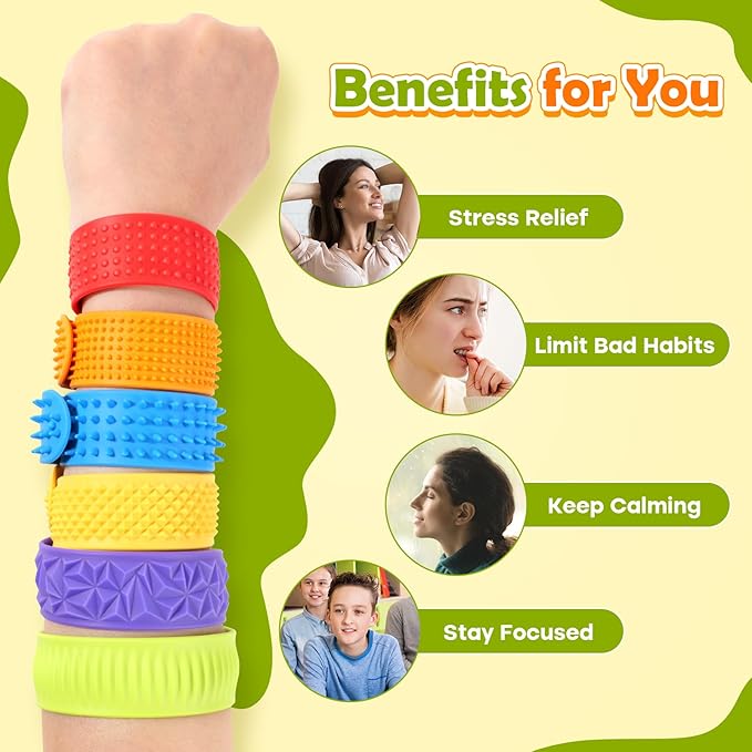 Sensory Fidget Toys for Kids: Textured Silicone Slap Bracelets 6 Pack, Stress Fidgets for Anxiety Autism ADHD, Wearable Sensory Toys for Adults Office Desk, Calm Down Travel Airplane Toys