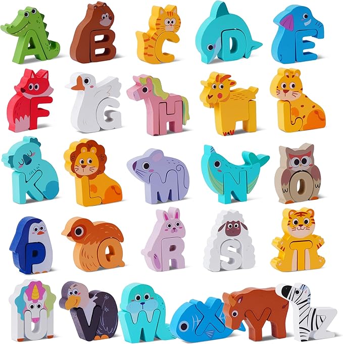 Wooden Toddler Puzzles, Montessori Toys ABC Alphabet Puzzle for Kids Ages 3-5, Cute Animal Shape Letters Matching Game, Preschool Learning Educational Toys Gift for Girls Boys 3 4 5 Years Old