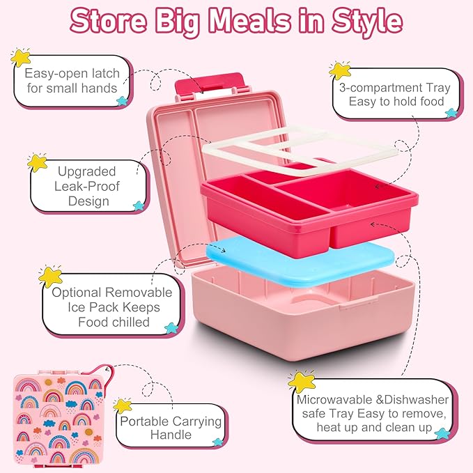 Bento Lunch Box for Kids with 17oz Soup Thermo,Insulated Tumbler Water Bottle and Insulated Lunch Bag,Leak-Proof 3 Compartment Lunch Food Container with with Ice Pack for Kids to School-Rainbow