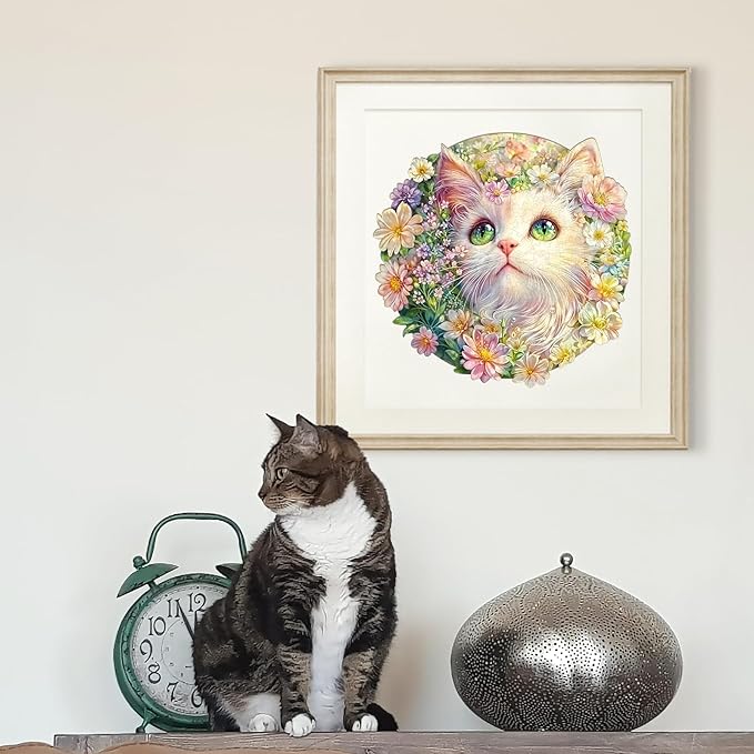 Jigfoxy Wooden Puzzles for Adults, Cat in Flowers Wood Puzzles Adult, Unique Animal Shape Wooden Jigsaw Puzzles for Adults, Birthday Gifts for Puzzle Lovers, Family, Friend (M-11.5 * 11.3in-233pcs)