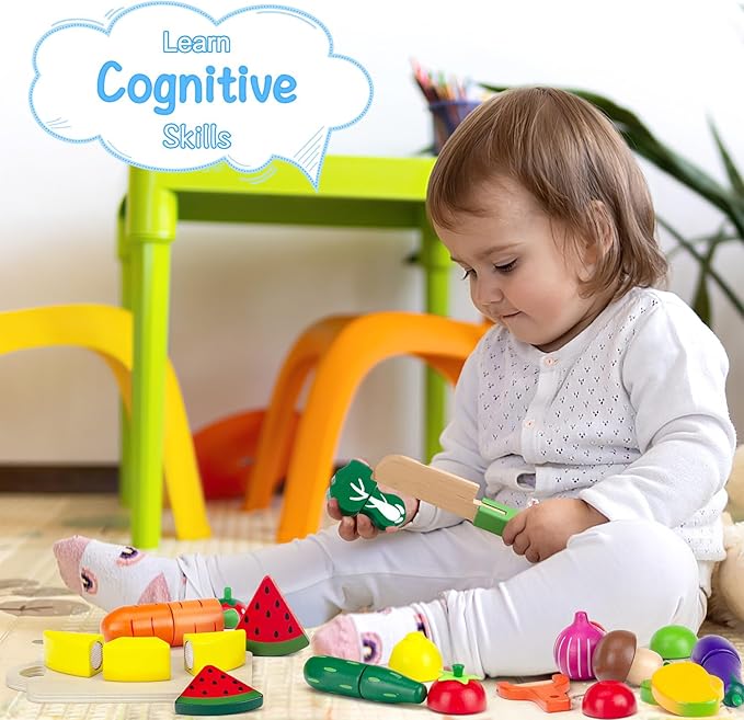 Wooden Play Food Sets for Kids Kitchen - Cutting Fruits and Veggies Toddler Toys Pretend Food Play Kitchen Accessories Montessori Educational Toys Gifts for Kids Boys Girls 3+