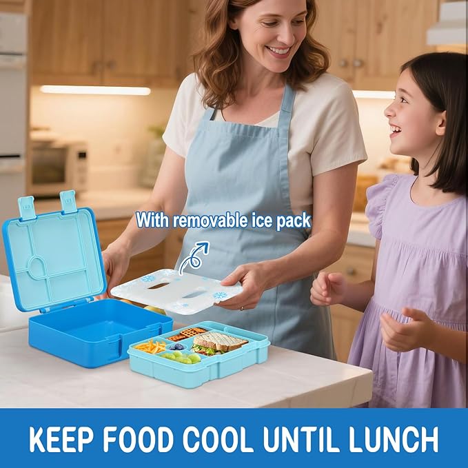 Chill Lunch Box Kids, Leak Proof Adult Bento Box with Ice Pack, 6 Compartment Lunch Container with Utensils for Girl Boy Back to School, 5.5-Cup Capacity, Dishwasher Safe, BPA Free