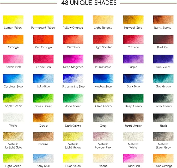 MEEDEN Watercolor Paint Set 48 Colors in Portable Box, Paint Kit with Brush, Palette, Art Supplies, Customizable Color Blocks, Bright Watercolors Travel Set for Adult Teens Beginner Amateur Artists
