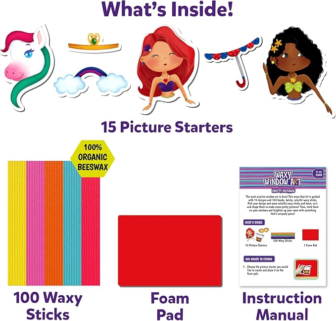 Skillmatics Waxy Stick Art Kit - 100 Bendable & Reusable Waxy Sticks for Mess-Free DIY Fun, Pretty Pictures with Unicorns & Princesses, Creative Gifts for Girls & Boys Ages 5, 6, 7, 8, 9, 10, 11, 12
