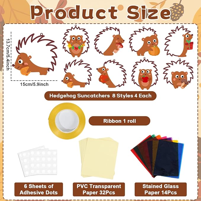 QOUBAI 32 Sets Hedgehog Suncatchers Craft Kit DIY Window Stained Glass Effect Thanksgiving Hedgehog Paper Crafts Home School Classroom Decoration Kid Birthday Gift Creative Art Project Activity Game