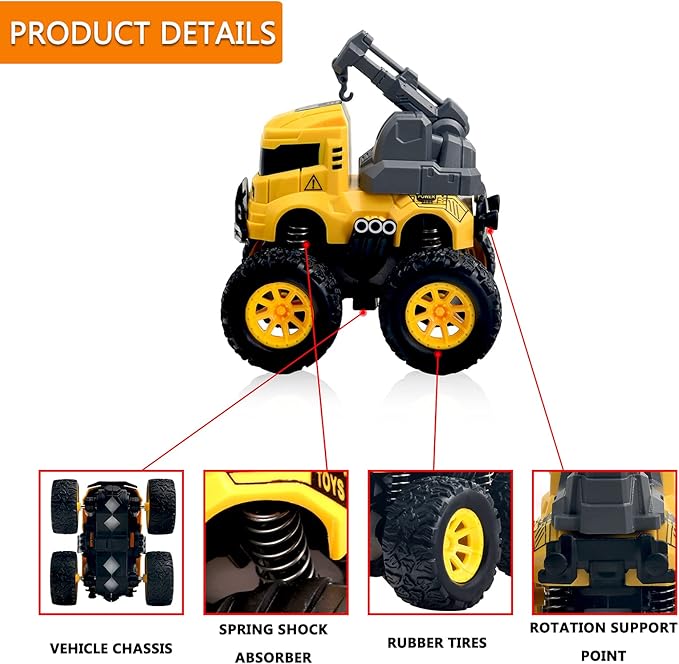 Construction Truck Toys - 4 Pack Excavator, Mixer, Crane, Dump Trucks Push and Go Friction Powered Cars Monster Stunt Vehicles Playset Kids Birthday Party Favors Gifts for 3+ Year Old Boys Girls