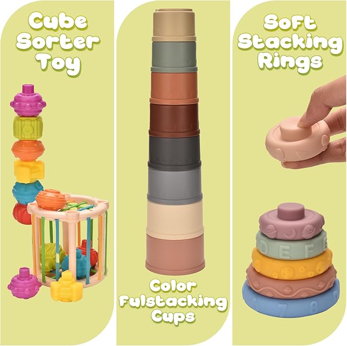 Montessoriii Toys for 1 Year Old,Baby Toys 6-12 Months,Stacking Building Blocks & Soft Infant Teething & Matching Eggs for Toddlers 6-9-12 Months,Baby Boys&Girls Gifts(7 in 1)