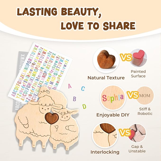 Wooden Sheep Family Puzzle Games, Personalized 3 Name Puzzle for Home Crafts Decor, House Warming Birthday Party Gifts for Mom Dad Grandma Kids New Baby, Wooden Bear Family