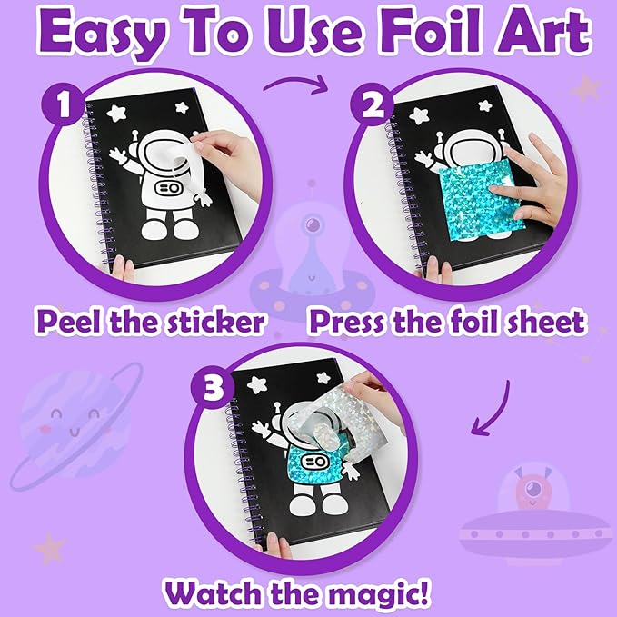 FUNNYB&G Foil Art Craft Activity for Kids - Gift for Boys Crafts for Kids Fun Art Supplies DIY Creative Travel Toy, Birthday Gift Party Favor Toys for Girls Boys 4 5 6 7 8 9 Years Old (Space)