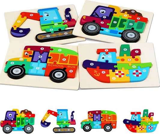 Wooden Puzzles for Toddlers 3-5, Toddler Puzzles Ages 2-4 Transportation Puzzles Toys, 4-Pack Toddler Puzzle Toys for 2, 3, 4, 5 Year Old Boys Girls