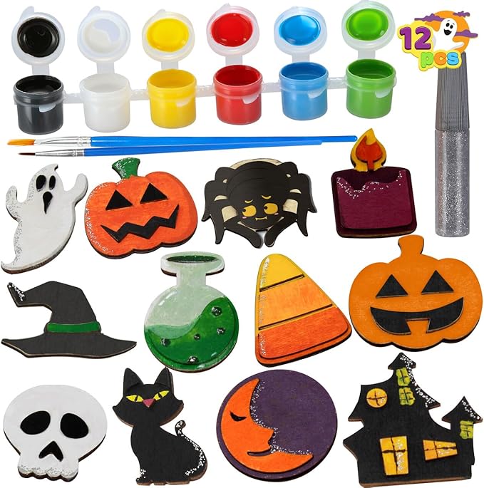 JOYIN 12 Pcs Halloween Wood Craft Kit, Wooden Magnet Creativity Arts Painting Kit, DIY Halloween Painting Craft for Kids Party Supplies, Toddler Party Favors Family School Activities