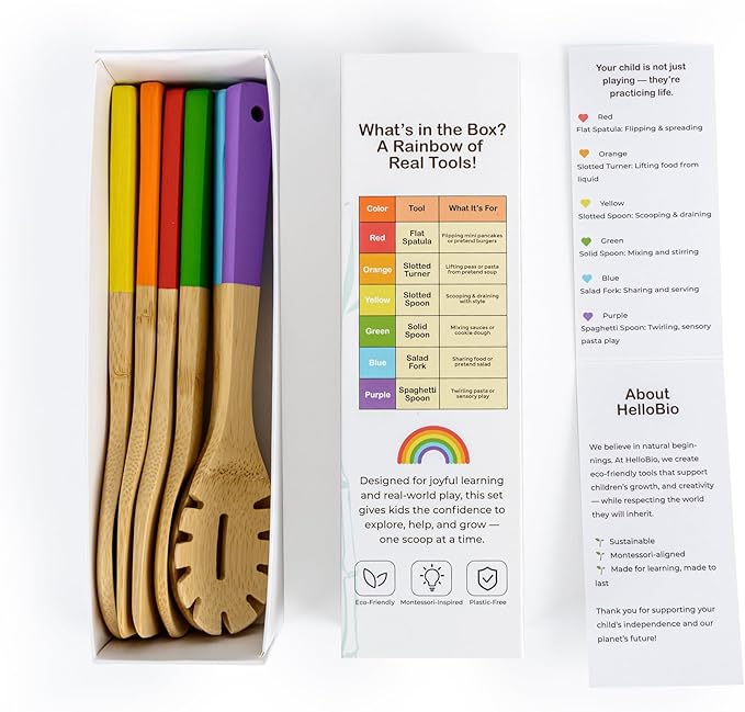 Rainbow Bamboo Kitchen Utensil Set for Kids – Montessori-Inspired 6-Piece Real Cooking Tools | Ages 2+ | Natural Bamboo | Color-Coded | Thoughtful Gift for Toddlers & Preschoolers