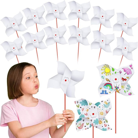 12 Pcs DIY Paper Pinwheels for Kids Bulk Fall Summer Craft Kits White Blank Paper Pinwheels for Girl Boy School Group Activities Daycare Home Graffiti Art Craft Party Halloween Christmas (9.06 Inch)