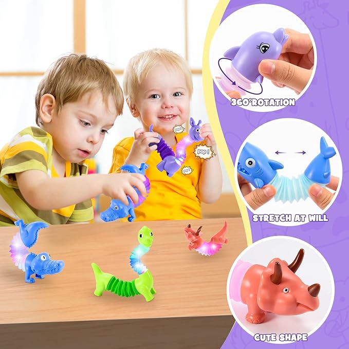 Animals Fidget Toys for Toddlers: 6 Pack LED Animal Pop Tubes for Kids 3 4 5 6 7 8 Year Old Girls Boys Halloween Birthday Gifts Autism Sensory Toy for Kid Age 3-8 Tube Light Up Party Favors