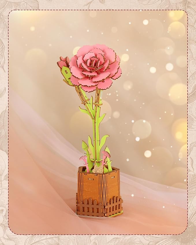 3D Carnation Wooden Puzzles for Adults, DIY Carnation Wooden Flower Craft Kit, Mother's Day Valentine's Day, Home Decor Gift for Women/Men .(3.81 * 3.19 * 8.86in 90PCS)