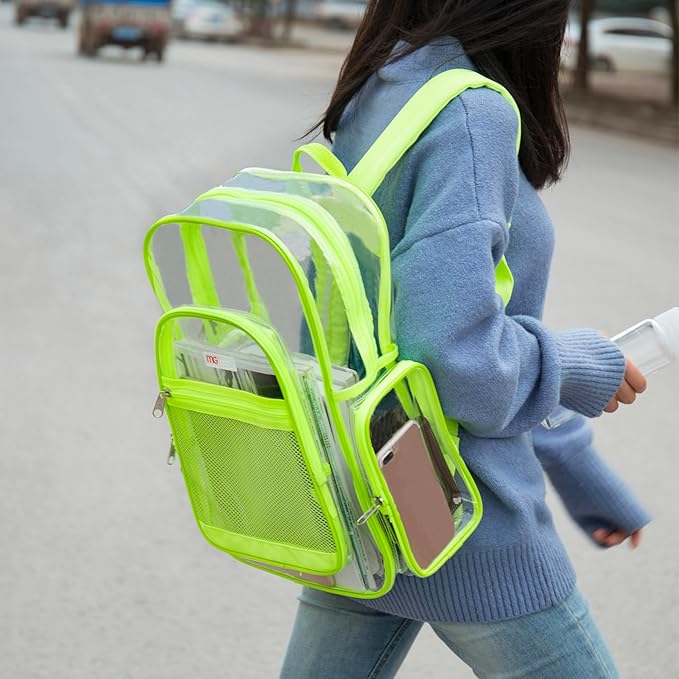 Wholesale 20-Pack Bulk Case Clear PVC Backpacks Bundle includes Black, Orange, Purple, and Green Trim, 17" Transparent School Approved Backpack, Daypack, Stadium Bag, Bookbag