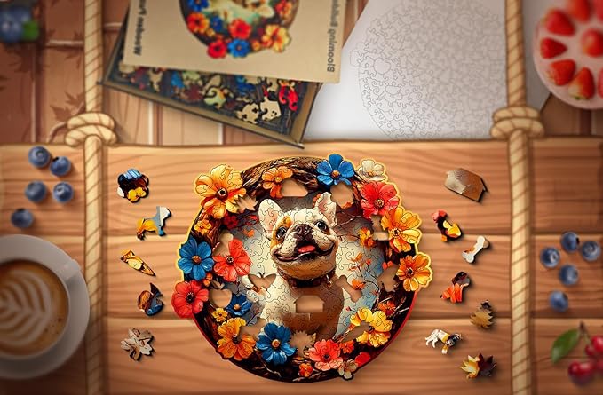 Wooden Jigsaw Puzzle, 200-500 Pieces Unique Shape Animal Puzzle, for Adults & Kids, Birthday Gift Family Game, Decorative Puzzle, Unique Gift (Blooming Bulldog, 200 PCS)