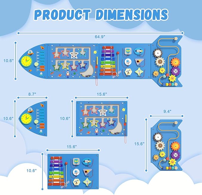 Montessori Busy Board - Blue Rocket Activity Wall Panels, Wall Toys for Toddlers 3+, Sensory Panels for Kids, Wooden Activity Cubes, Playroom Daycare Toys, Toddler Sensory Board (4PCS)