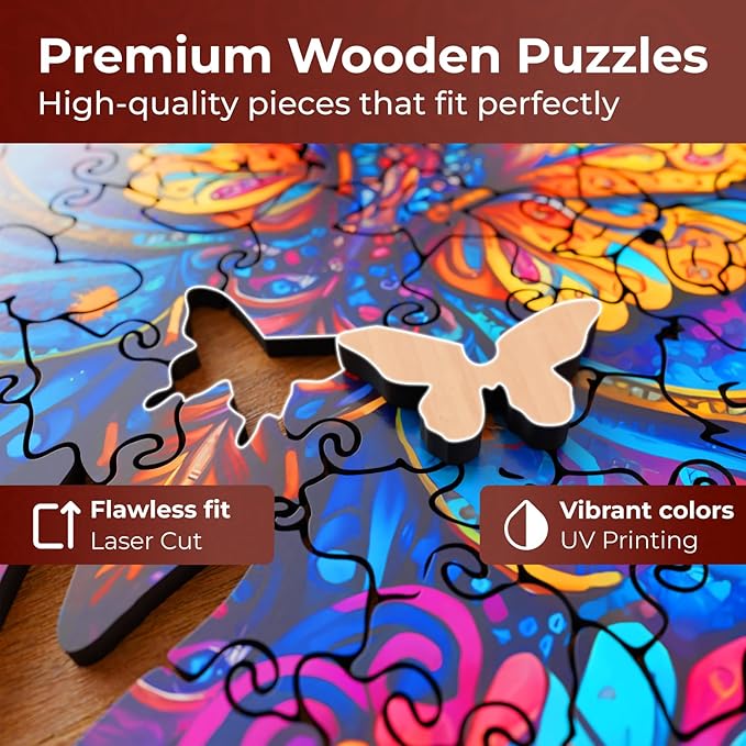 CRAFTHUB Animal Wooden Puzzles for Adults – A3 Butterfly with 121 Pieces Wood Puzzles – Jigsaw Puzzles with Unique Animal Shapes – 9.8" x 16"