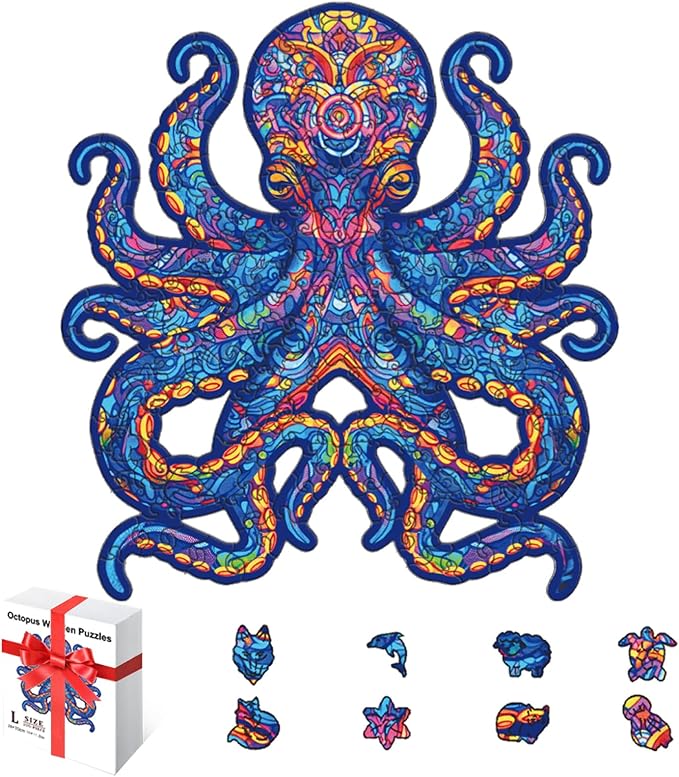 200 Pieces Octopus Wooden Puzzles for Adults, 11.8x11 Inches Octopus Jigsaw Puzzles, Ocean Wood Puzzle, Unique Shape Octopuses Puzzle Gift for Jigsaw Lovers Family Game Home Decor