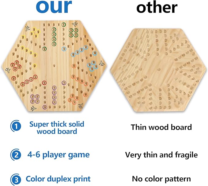 Original Marble Game Wahoo Board Game Double Sided Painted Wooden Fast Track Board Game for Family Friends and Party 6 and 4 Players 6 Colors 24 Marbles 6 Dice