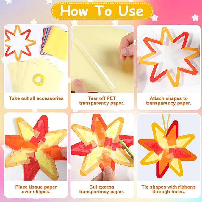 Qyeahkj 36 Set Summer Star Suncatchers Crafts for Kids DIY Star Window Tissue Paper Craft Kit Art Ornament Hanging Decor for School Home Classroom Activity Art Project Birthday Party Favors Gifts