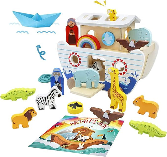 Noah's Ark Wooden Toy Set, Educational Wooden Animal Toys for Toddlers, Montessori Shape Sorter Educational Toys, Bible Story Engagement & Perfect Baptism, Christening Gift for 2-4 Y