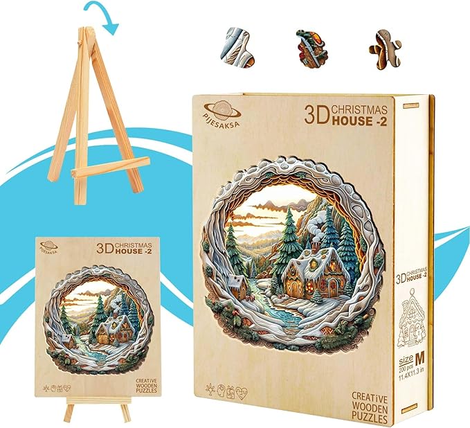 Wooden Puzzles for Adults - Snow House Puzzle, Flat Puzzle with 3D Visual Effect, Snowy Scene Wood Puzzles Adult, Wall Art Home Decor (L-13.4 * 13.2in 280 Pieces)