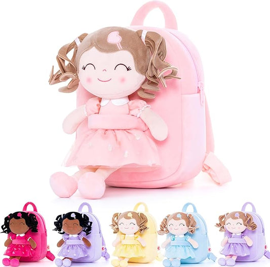 Gloveleya Toddler Backpack Baby Girl Gifts Plush Bag Diaper Bag with Spring Girls Doll Curly Hair Girl Toys with Love Pink 9 Inches