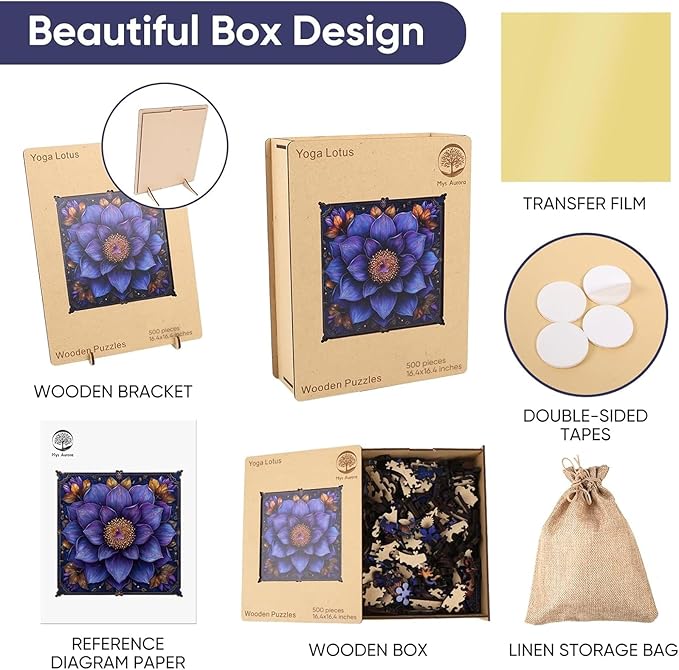 Mys Aurora Puzzles for Adults Mandala Flower Wooden Puzzles, 500 Pieces Unique Shaped Lotus Yoga Gifts Jigsaw Puzzles, for Yoga Lover, Fun Challenge Family Game 16.4'' x 16.4''